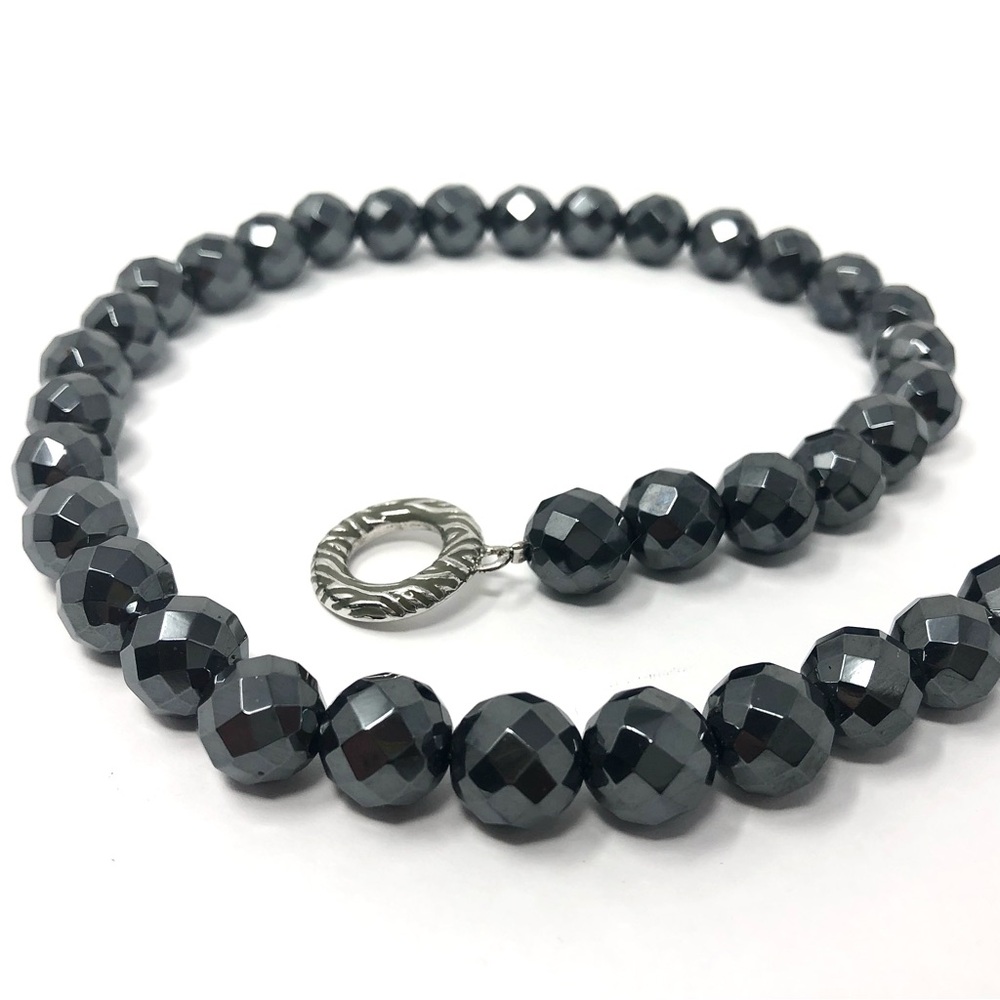 David Sigal vintage sterling silver 925 faceted black hematite bead necklace